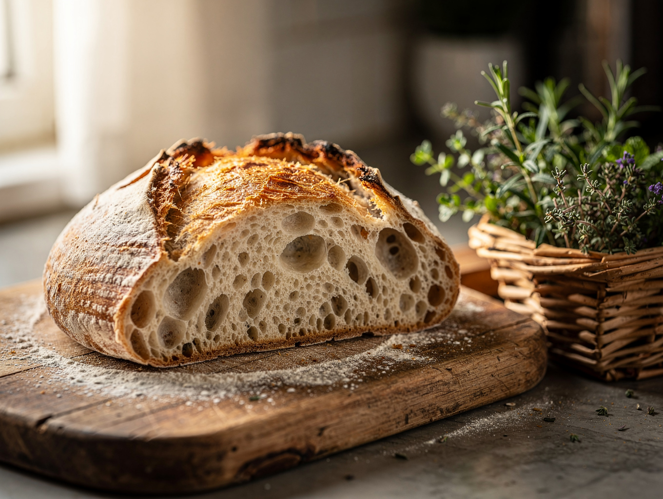 Freshly baked sourdough bread with olive oil