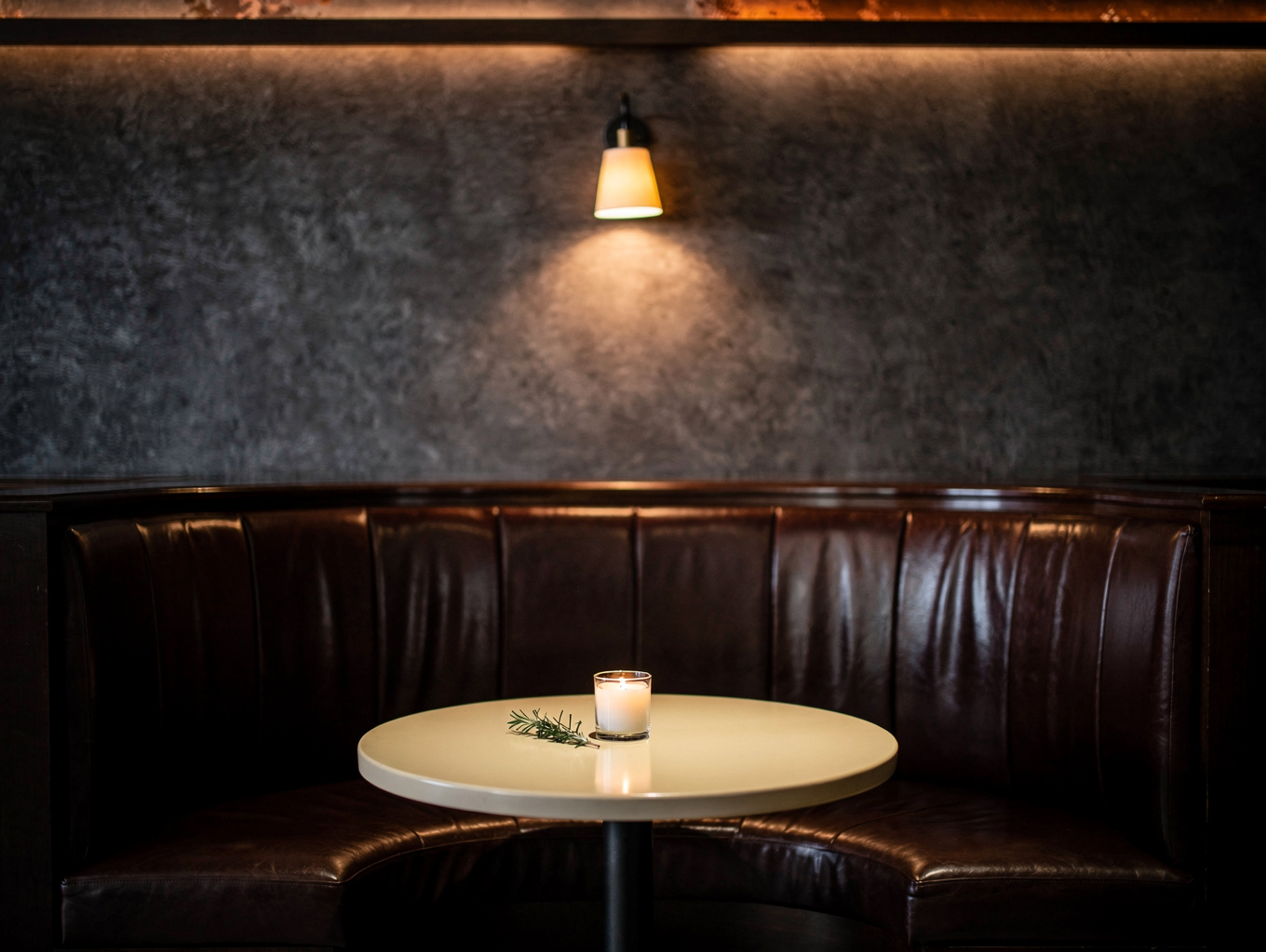 Cozy candlelit dining booths with velvet seating and warm ambient lighting