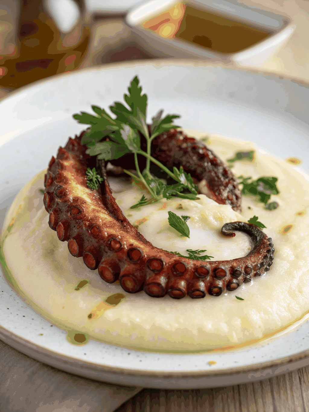 Charred octopus tentacle on potato purée