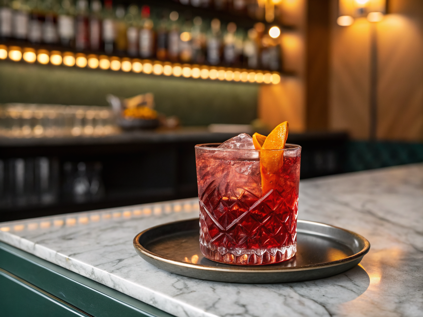 Bartender preparing a classic Negroni at a marble bar