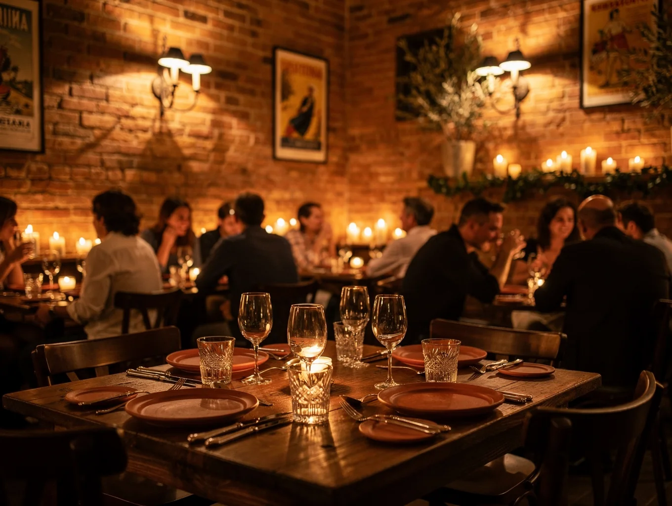 Elegant dining room with candlelit tables and brick walls