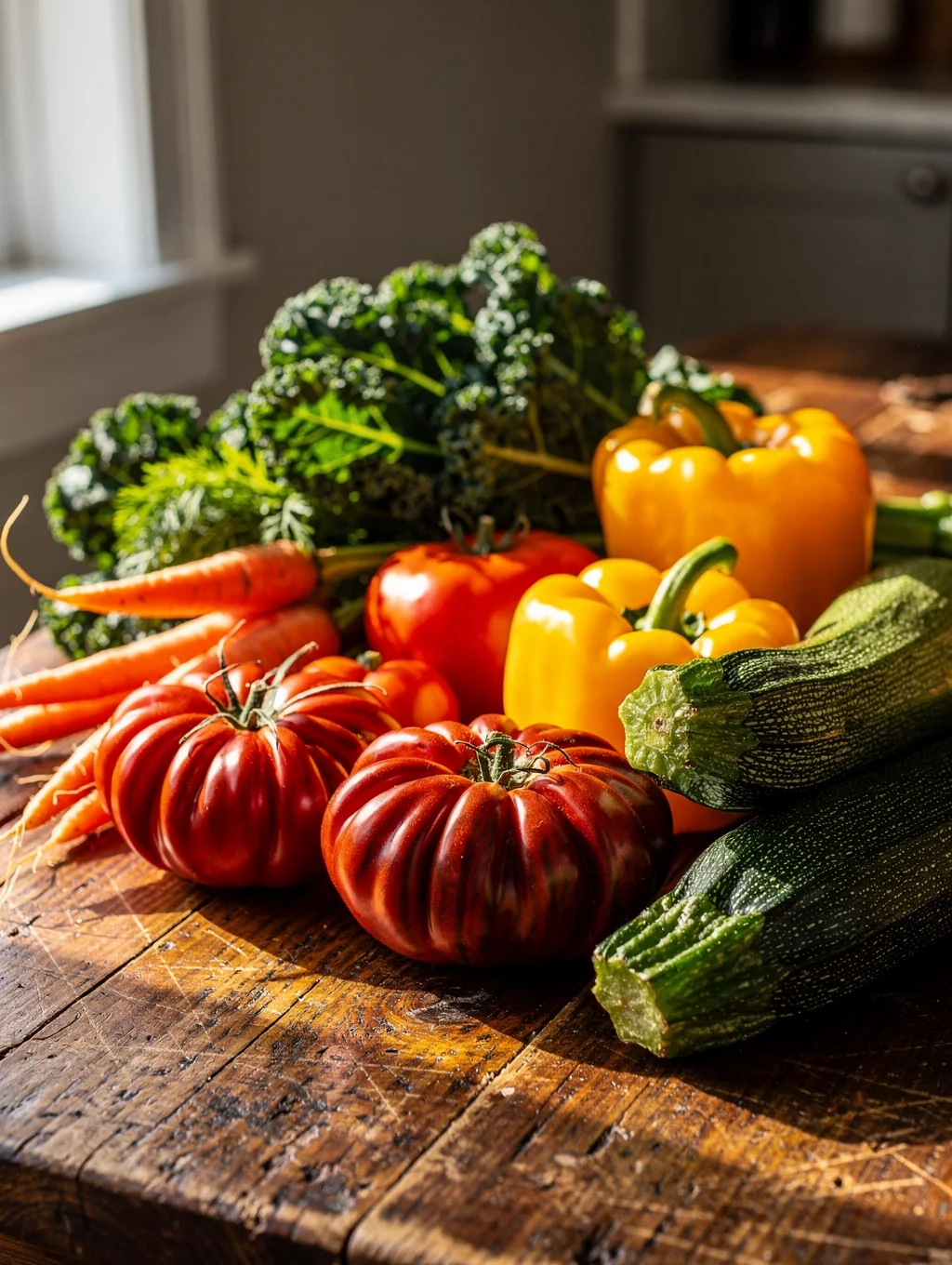 Fresh seasonal vegetables and herbs on a rustic kitchen table