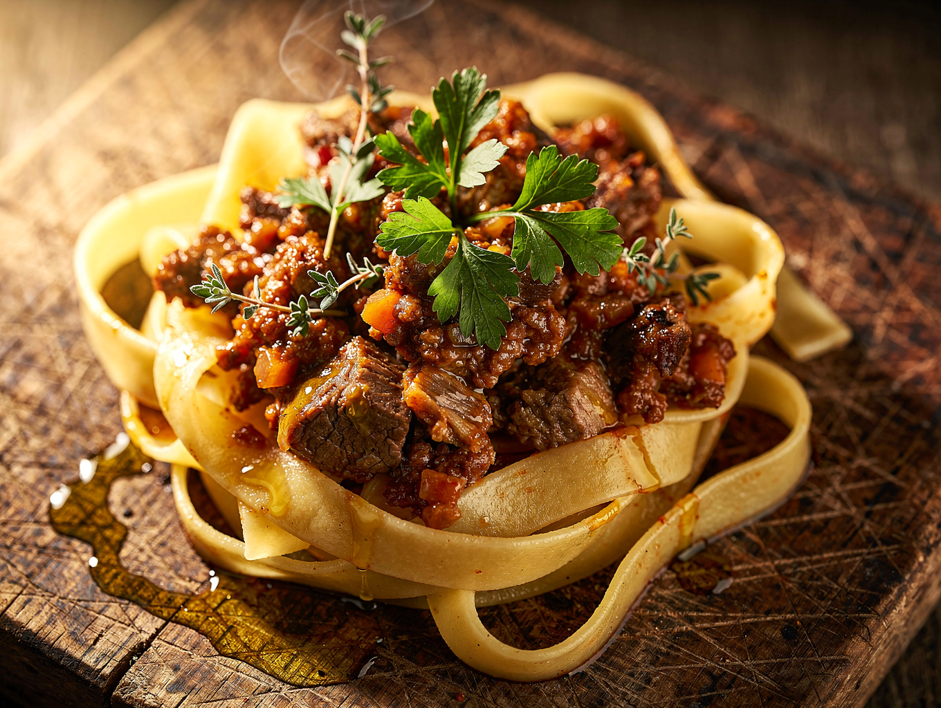 Freshly made tagliatelle pasta with rich meat sauce