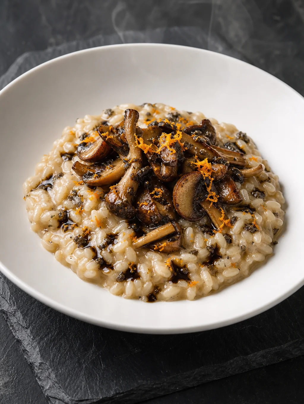 Creamy risotto topped with sautéed wild mushrooms