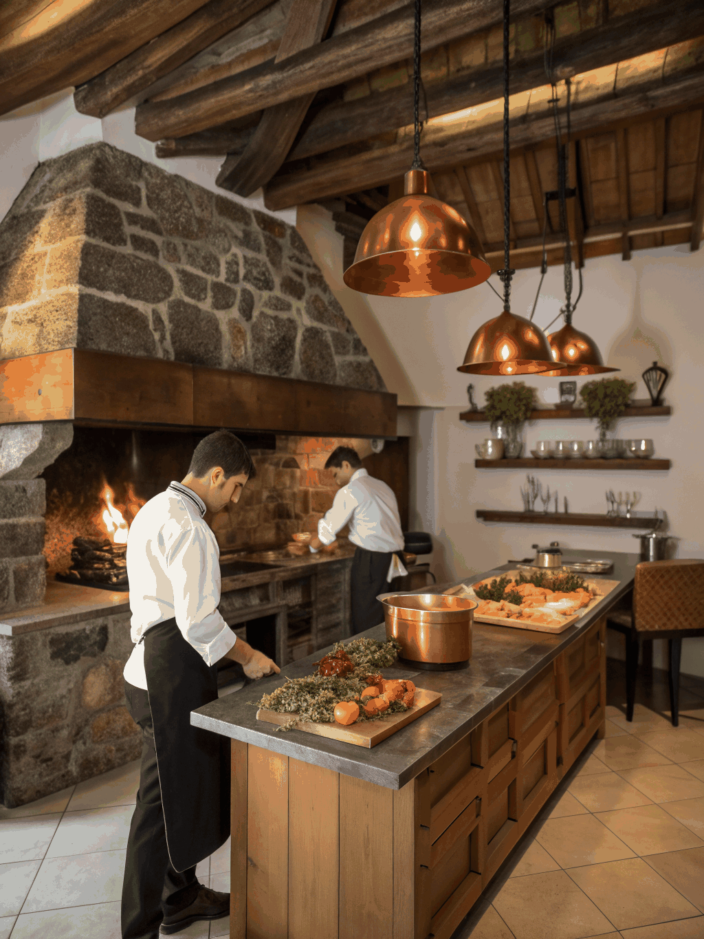 Glowing wood-fired hearth in an open kitchen setting with copper accents