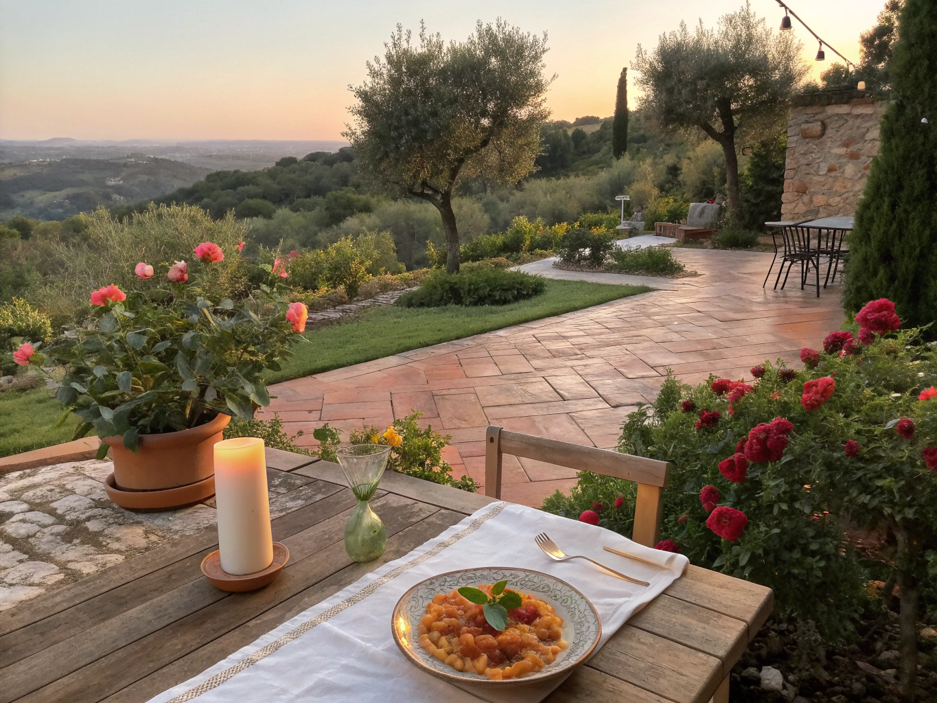 Cozy outdoor terrace seating at sunset