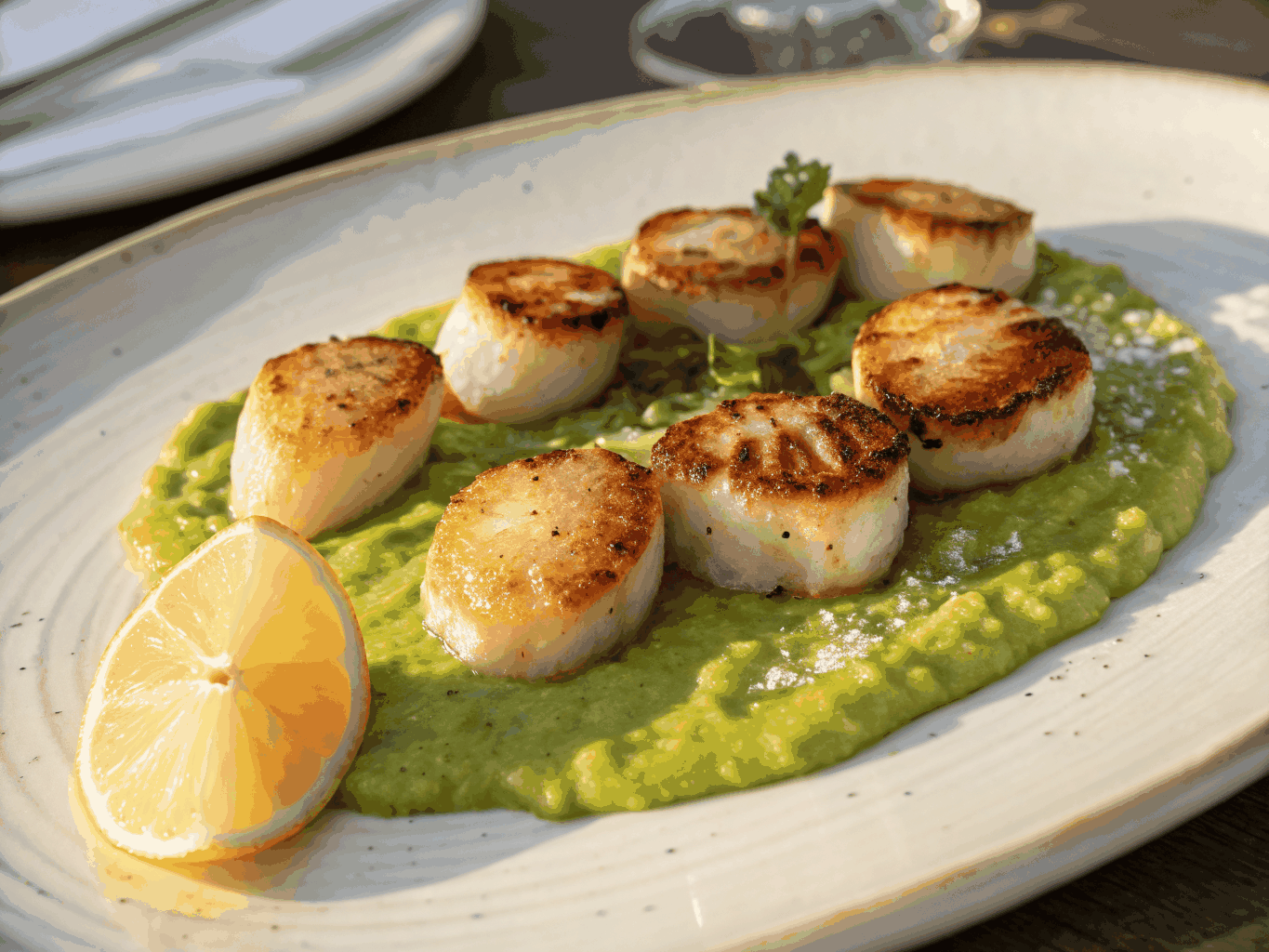 Perfectly seared scallops plated with pea purée