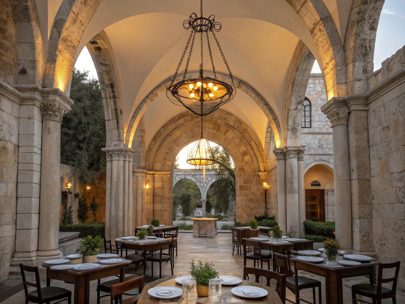 Sun-drenched travertine stone arches in a modern Italian restaurant dining room