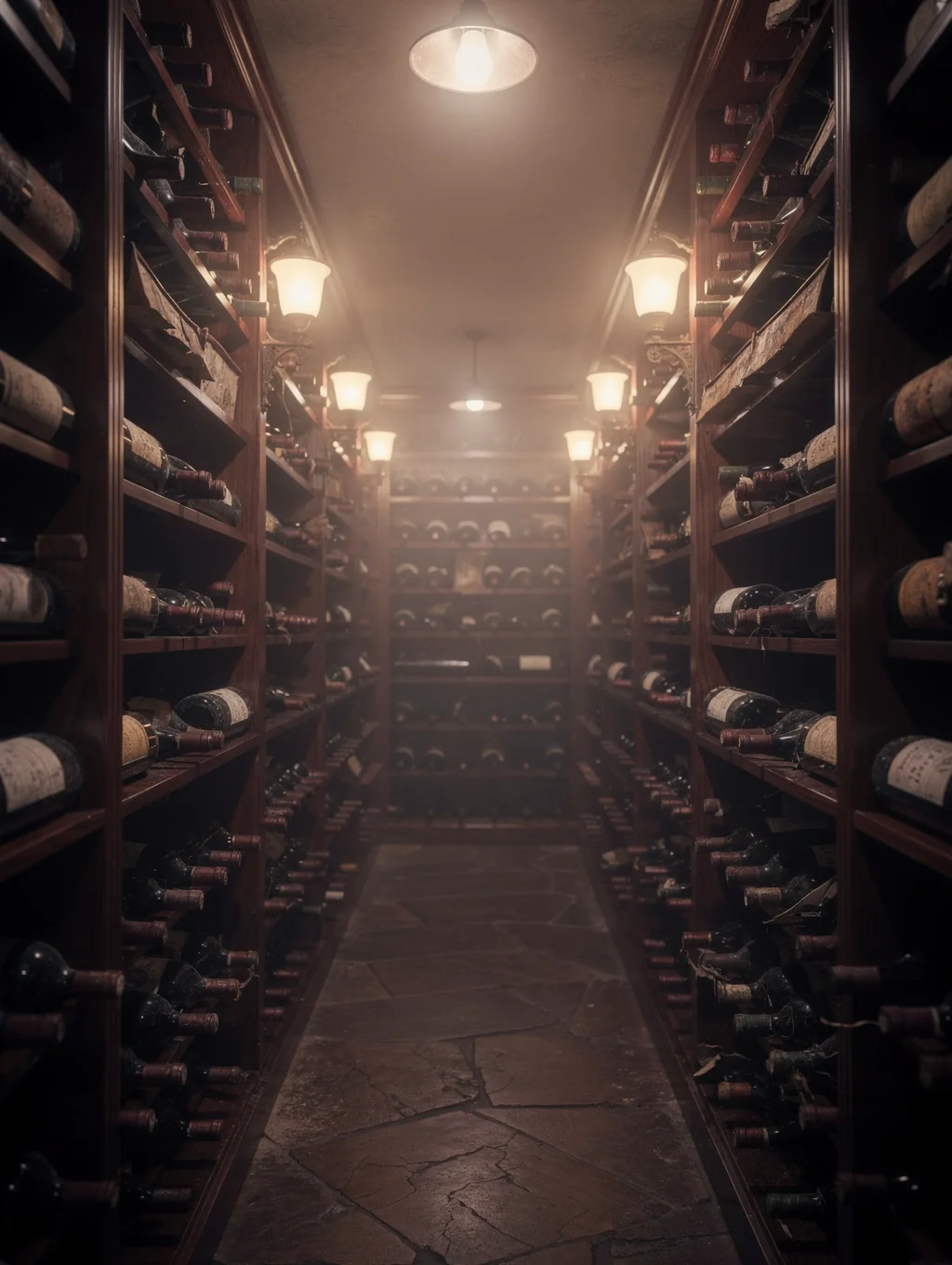 Intimate wine cellar vault with aged oak shelves and dark volcanic stone walls