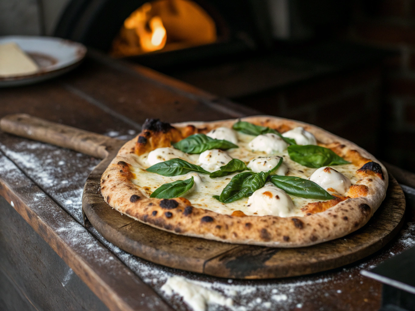 Artisanal pizza baking in a traditional wood-fired oven